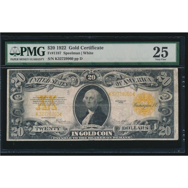 1922 $20 Gold Certificate PMG 25