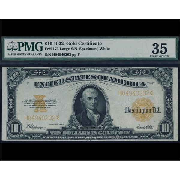 1922 $10 Gold Certificate PMG 35