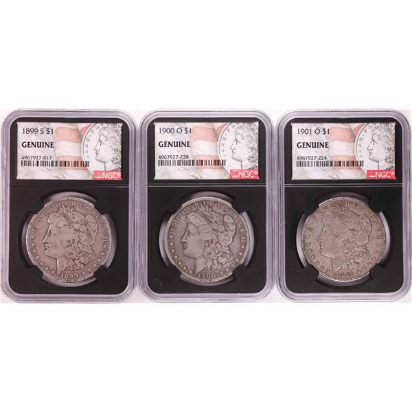 Lot of 1899-S, 1900-O, & 1901-O $1 Morgan Silver Dollar Coins NGC Genuine