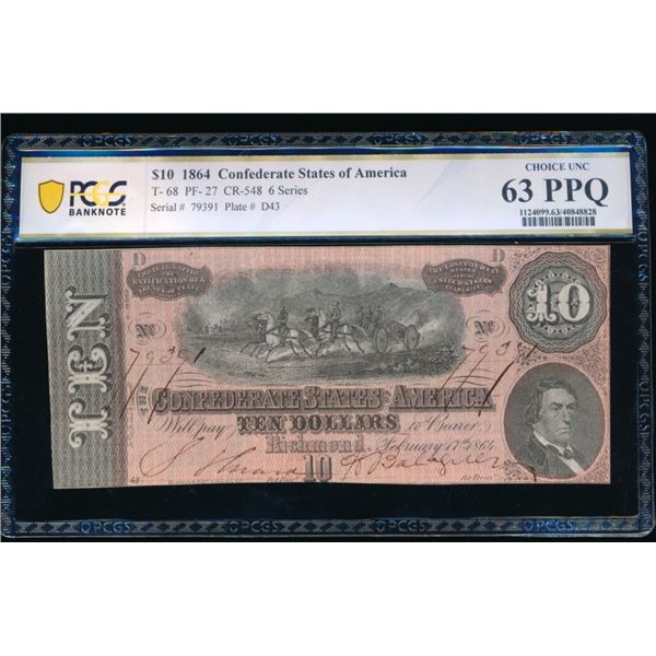 1864 $10 T-68 Confederate PCGS 63PPQ