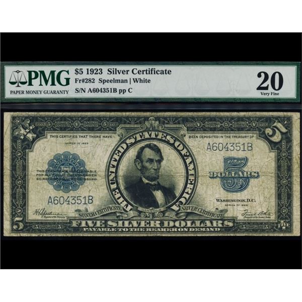 1923 $5 Lincoln Porthole Silver Certificate PMG 20