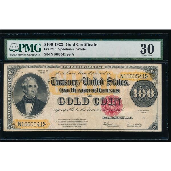 1922 $100 Gold Certificate PMG 30