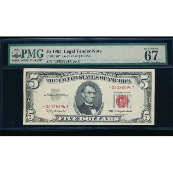 1963 $5 STAR Legal Tender Note PMG 67EPQ