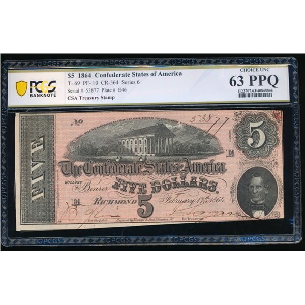 1864 $5 T-69 Confederate PCGS 63PPQ