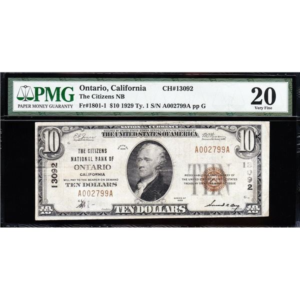 1929 $10 Ontario CA National Bank Note PMG 20