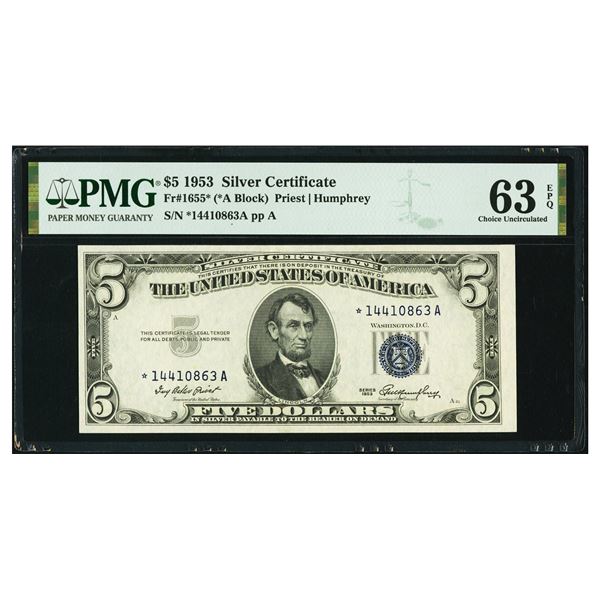 1953 $5 STAR Silver Caertificate PMG 63EPQ