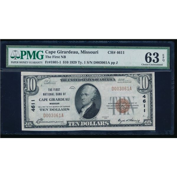 1929 $10 Cape Girardeau MO National PMG 63EPQ