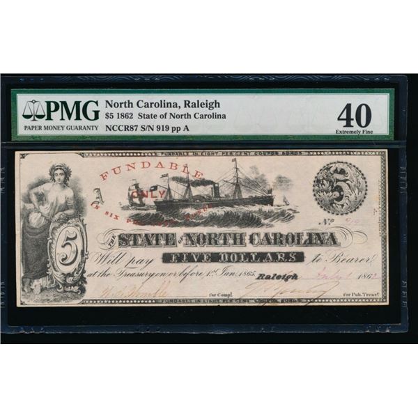 1862 $5 Radar Raleigh NC Obsolete Note PMG 40
