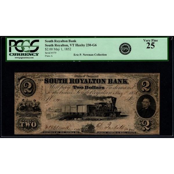 1852 $2 South Royalton VT National Note PCGS 25