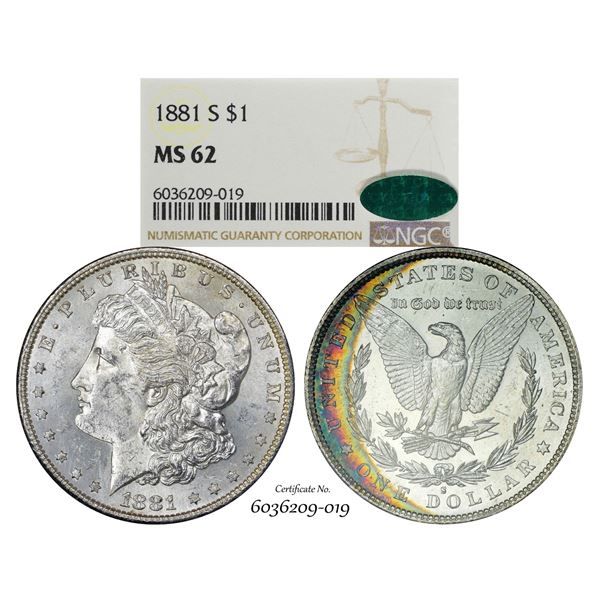 1881-S $1 Morgan Silver Dollar Coin NGC MS62 CAC Amazing Toning