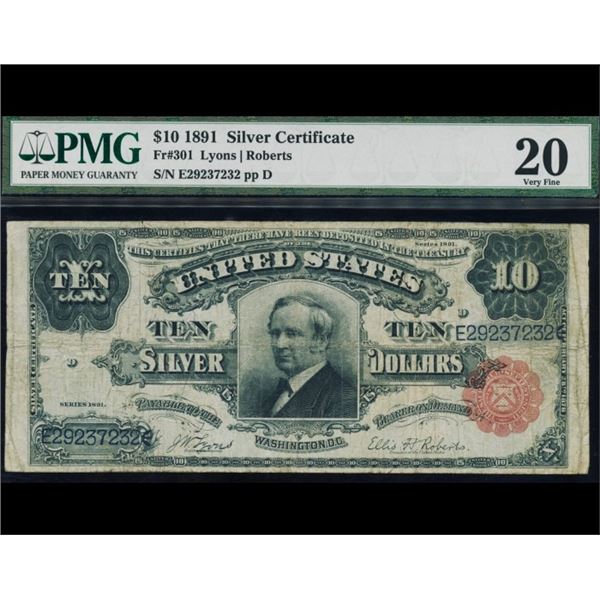 1891 $10 Tombstone Silver Certificate PMG 20