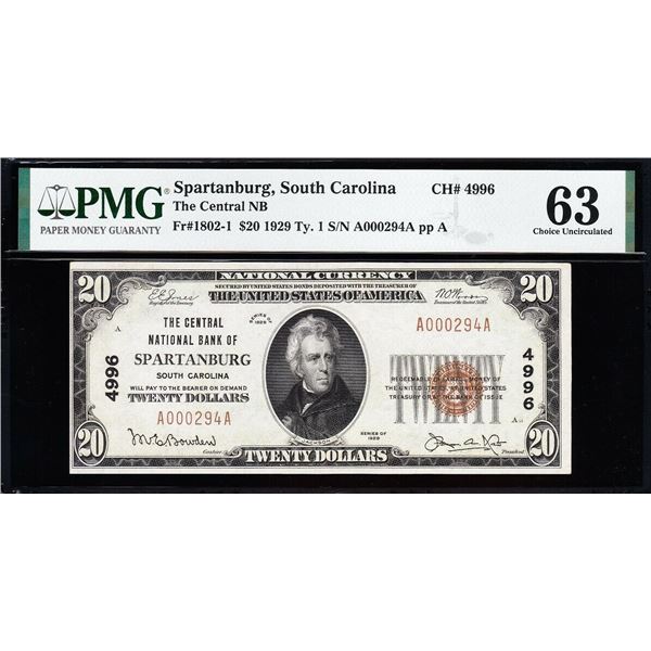 1929 $20 Spartanburg SC National Bank Note PMG 63