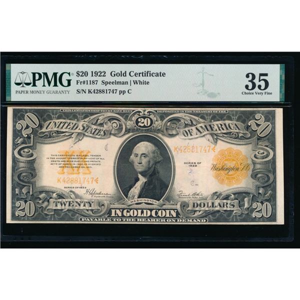 1922 $20 Gold Certificate PMG 35