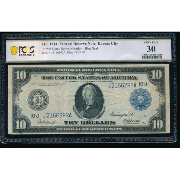 1914 $10 Kansas City FRN PCGS 30