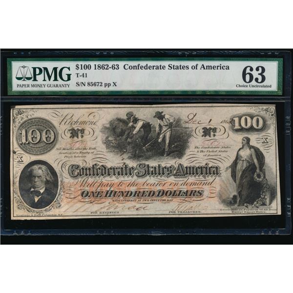 1862-63 $100 T-41 Confederate PMG 63