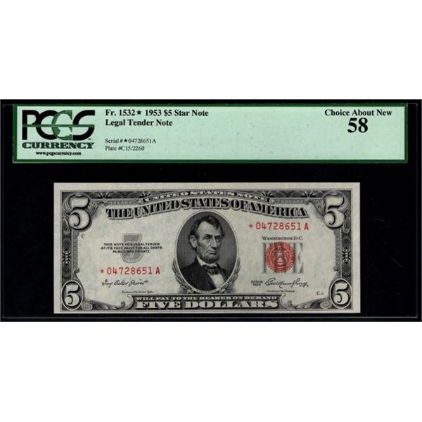 1953 $5 STAR Legal Tender Note PCGS 58
