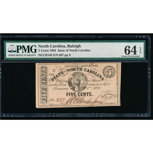 1863 Five Cent Raleigh NC Obsolete Note PMG 64EPQ