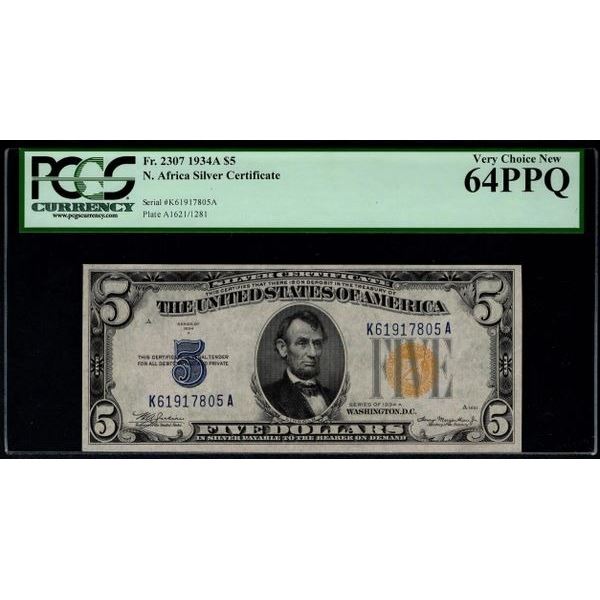 1934A $5 North Africa Silver Certificate PCGS 64PPQ