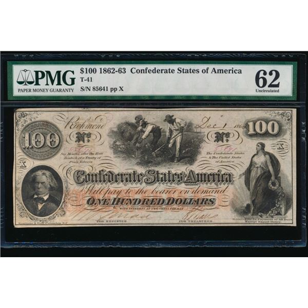 1862-63 $100 T-41 Confederate PMG 62