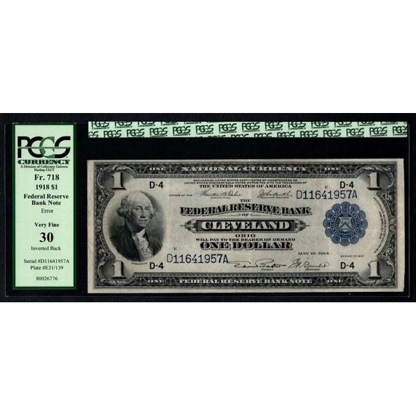 1918 $1 ERROR Inverted Back Cleveland FRBN PCGS 30