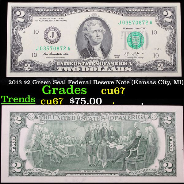 2013 $2 Green Seal Federal Reseve Note (Kansas City, MI) Grades Gem++ CU