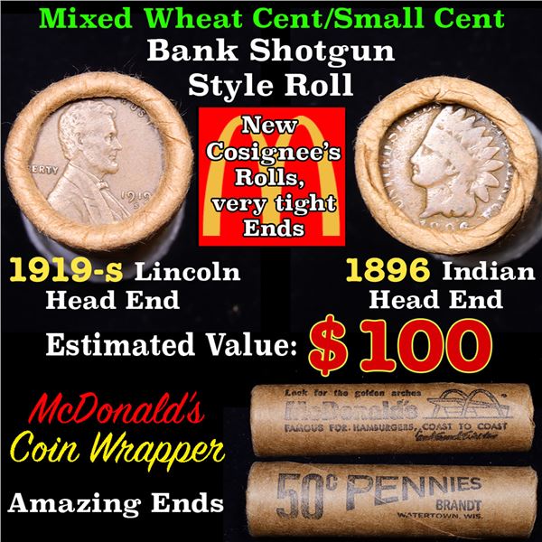 Mixed small cents 1c orig shotgun roll, 1919-s Wheat Cent, 1896 Indian cent other end, McDonalds Wra
