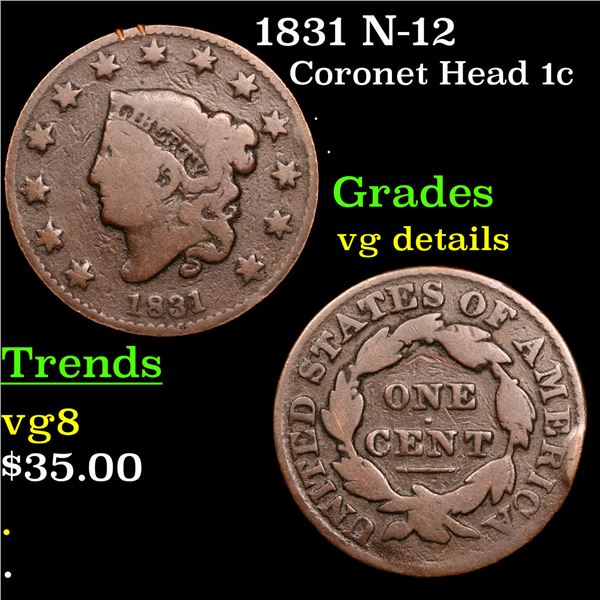 1831 N-12 Coronet Head Large Cent 1c Grades vg details