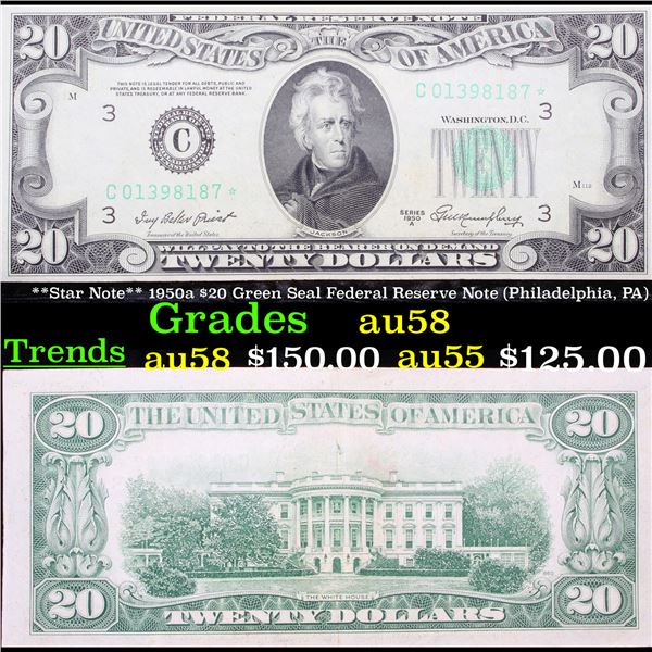 **Star Note** 1950a $20 Green Seal Federal Reserve Note (Philadelphia, PA) Grades Choice AU/BU Slide