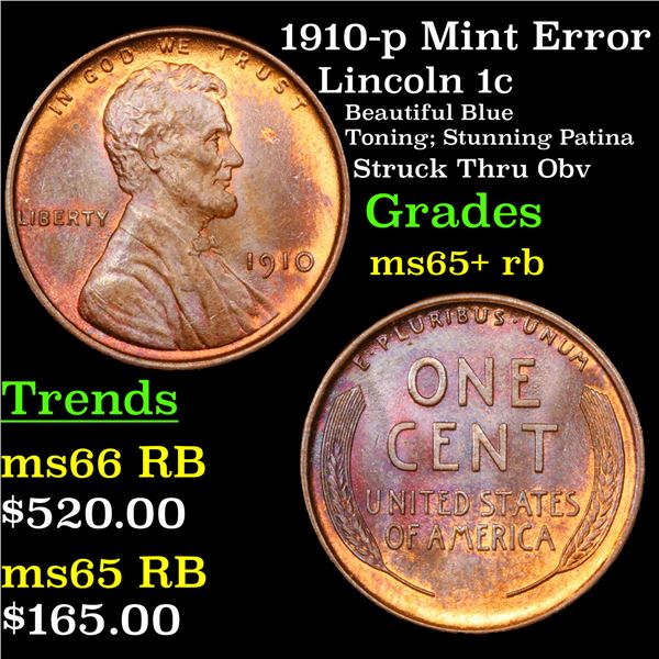 1910-p Mint Error  Lincoln Cent 1c Grades Gem+ Unc RB