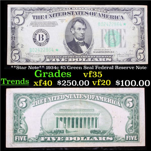 **Star Note** 1934c $5 Green Seal Federal Reserve Note Grades vf++