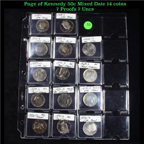 Page of Kennedy 50c Mixed Date 14 coins