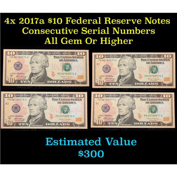 4x 2017a $10 Federal Reserve Notes Consecutive Serial Numbers Grades Gem CU
