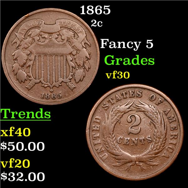 1865 Two Cent Piece 2c Grades vf++