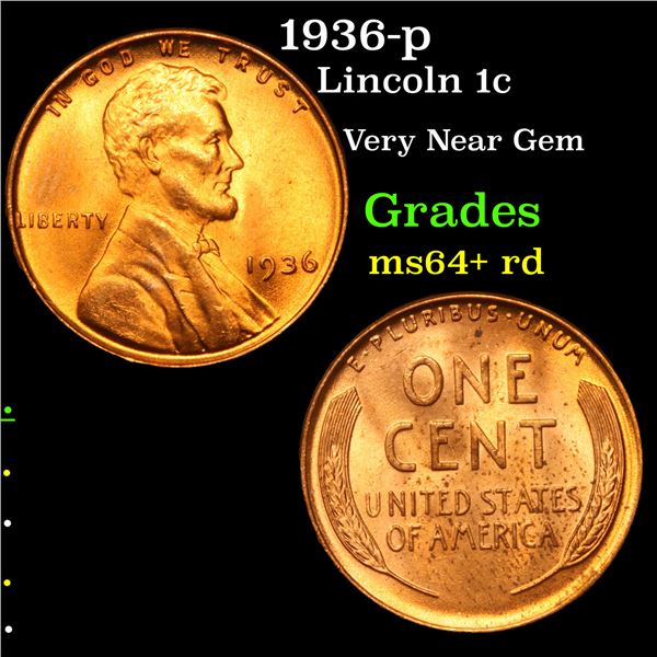 1936-p Lincoln Cent 1c Grades Choice+ Unc RD