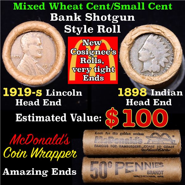 Mixed small cents 1c orig shotgun roll, 1919-s Wheat Cent, 1898 Indian cent other end, McDonalds Wra