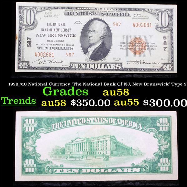 1929 $10 National Currency 'The National Bank Of NJ, New Brunswick' Type 2 Grades Choice AU/BU Slide