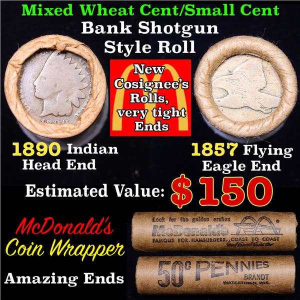 Mixed small cents 1c orig shotgun roll, 1857 Flying Eagle Cent, 1890 Indian cent other end, McDonald