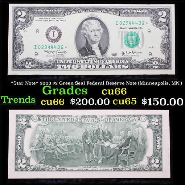 *Star Note* 2003 $2 Green Seal Federal Reserve Note (Minneapolis, MN,) Grades Gem+ CU