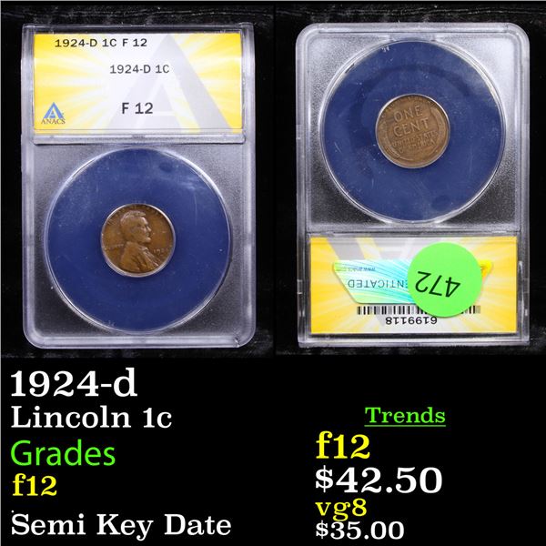 ANACS 1924-d Lincoln Cent 1c Graded f12 By ANACS