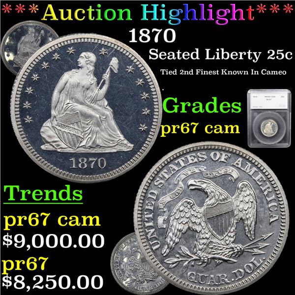 Proof ***Auction Highlight*** 1870 Seated Liberty Quarter 25c Graded pr67 cam By SEGS (fc)