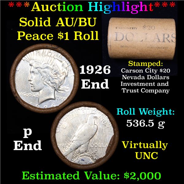 ***Auction Highlight*** AU/BU Slider CC Invest & Trust Co Shotgun Peace $1 Roll 1926 & 'P' Ends Virt