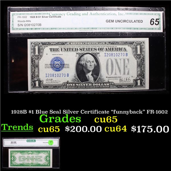 1928B $1 Blue Seal Silver Certificate "funnyback" FR-1602 Graded cu65 By CGA