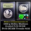 Image 1 : Proof 1999 Dolly Madison Modern Commem Dollar $1 Graded GEM++ Proof Deep Cameo By USCG