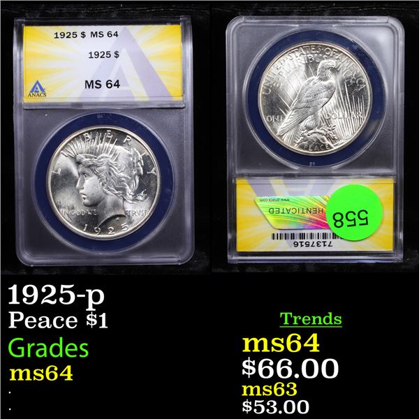 ANACS 1925-p Peace Dollar $1 Graded ms64 By ANACS