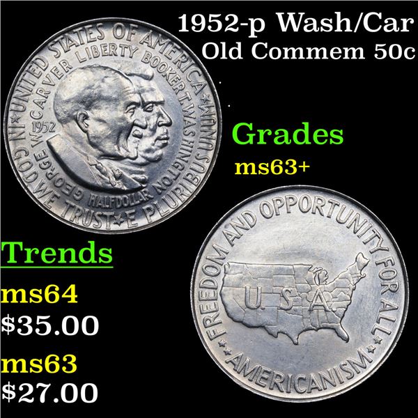 1952-p Wash/Car Old Commem Half Dollar 50c Grades Select+ Unc