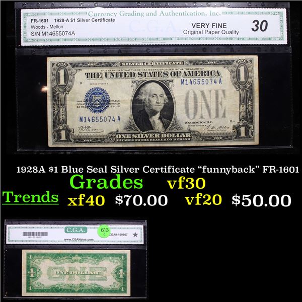 1928A $1 Blue Seal Silver Certificate "funnyback" FR-1601 Graded vf30 By CGA