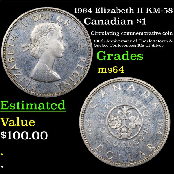 1964 Elizabeth II KM-58 Canadian Dollar $1 Grades Choice Unc