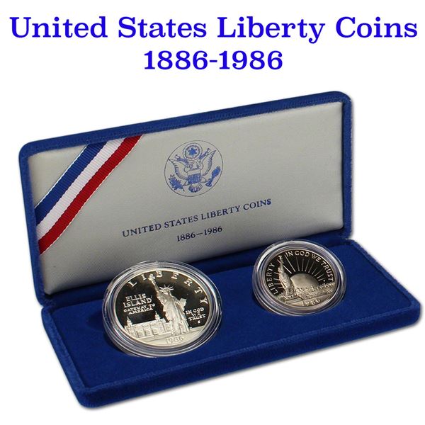 (2) Two Modern Commems 1986-p Statue of Liberty proofs Silver Dollar and half orig box w/coa