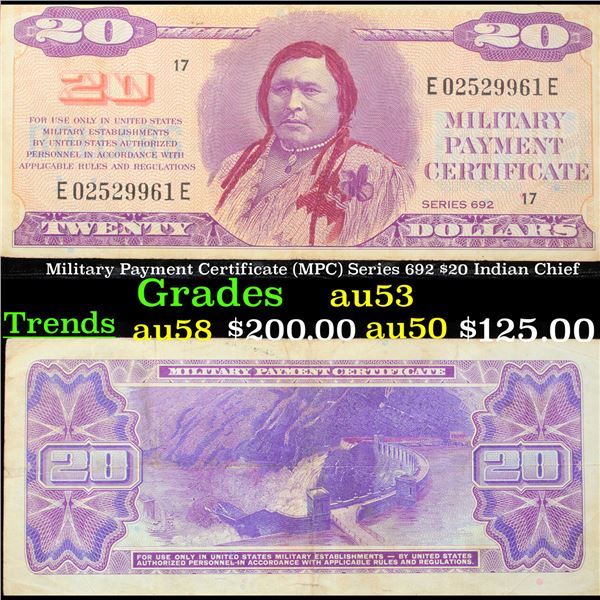 Military Payment Certificate (MPC) Series 692 $20 Indian Chief Grades Select AU