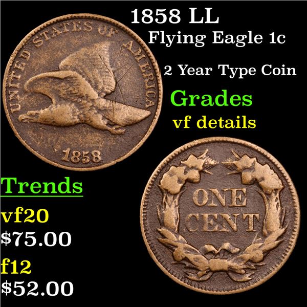 1858 LL Flying Eagle Cent 1c Grades vf details